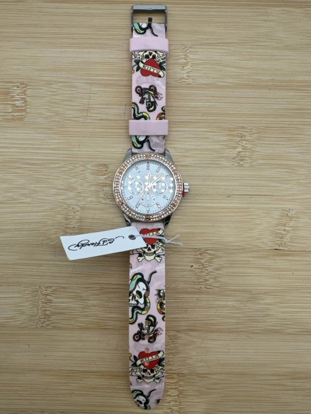 ED HARDY Ladies Light Silver Dial/Matte Pink Artwork Silicone Strap Analog Watch